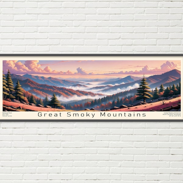 Great Smoky Mountains National Park Panoramic Travel Art, National Park Panorama Print, Birthday present, Wedding anniversary gift