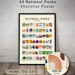 Könnte beinhalten: Ein Poster mit einer Checkliste von 63 Nationalparks der Vereinigten Staaten. Jeder Park wird durch ein einzigartiges geometrisches Design in verschiedenen Farben dargestellt. Das Poster ist gerahmt und hängt an einer Wand. Der Text "MARK THE DATE" befindet sich am unteren Rand des Posters. Ein separates Bild zeigt ein braunes und oranges geometrisches Design mit dem Text "June 18 Arches Utah".