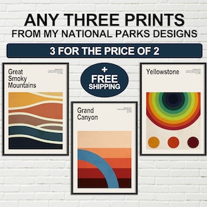 National Park Print Set | Set of 3 Prints | Mid-Century Modern Travel Poster | Abstract Travel Poster | Grand Canyon | Yellowstone | Zion