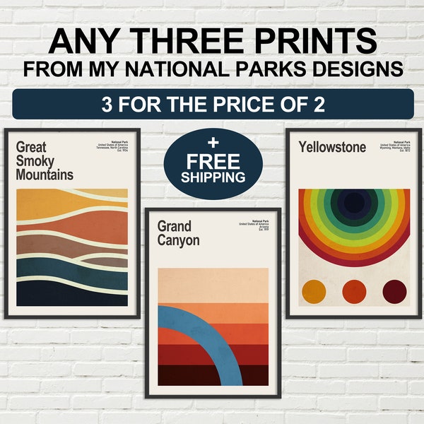 National Park Print Set | Set of 3 Prints | Mid-Century Modern Travel Poster | Abstract Travel Poster | Grand Canyon | Yellowstone | Zion