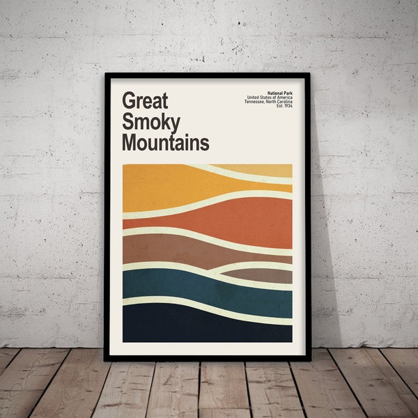 Great Smoky Mountains National Park Mid-Century Travel Poster, Gift for Traveller and Nature-Lover National Park Poster