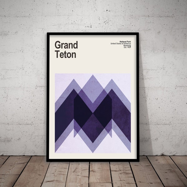 Grand Teton National Park Mid-Century Travel Poster, Abstract Travel Print, Minimalist Art Print