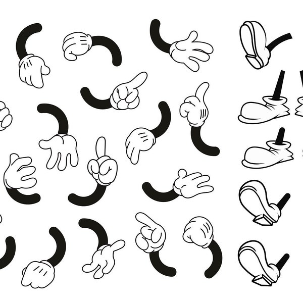 Vintage cartoon mascot maker vector set bundle, retro classic animation character builder. Vector collection of hands, legs and faces. EPS