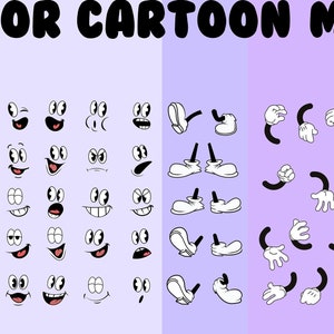 Set of vintage cartoon faces, legs and hands, mascot creating kit, vector collection of eyes and limbs for a funny character. EPS + PNG