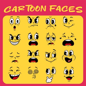Può includere: Su uno sfondo giallo con bordo rosa, il testo "CARTOON FACES" e una griglia di facce di cartoni animati. Ogni faccia mostra un'emozione diversa, come rabbia, tristezza e gioia, con tratti ed espressioni esagerate.