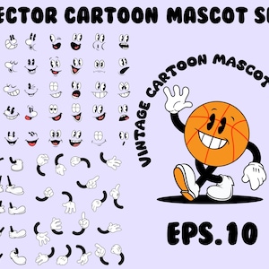 Retro Cartoon Mascot Builder – 1930s RubberHose Character Kit (EPS + PNG)