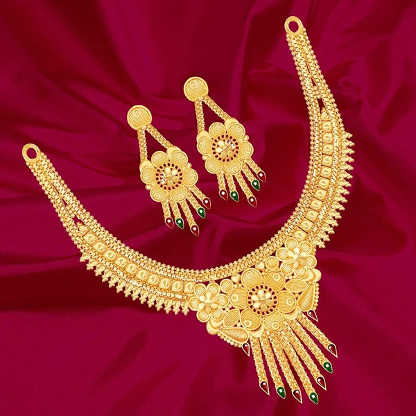 Indian 22K Gold Plated Indian 9” Long Bridal Necklace Earrings Fashion Set