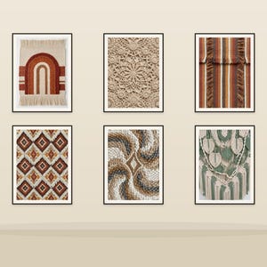 May include: Six framed textile art pieces. The artworks feature various textures and patterns, including a rainbow design, intricate lace, striped patterns, geometric diamond shapes, and woven textures in neutral and earthy tones. The frames are black.