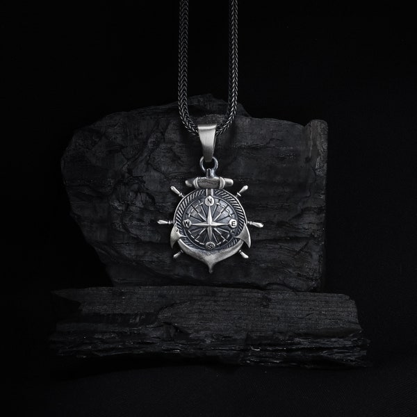 Silver Anchor Pendant, Ship Steering Wheel Necklace, Sailor Pendant, Nautical Pendant, Sea Life Pendant, Compass Necklace, Mariner Necklace