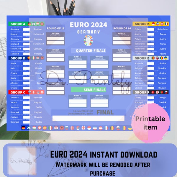 EURO 2024 wallchart Printable European championship Digital download  fixture download printable Euro schedule PDF football Germany poster