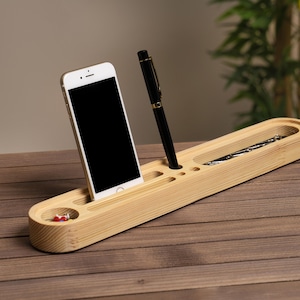 Organizador de escritorio de madera para accesorios, almacenamiento de oficina y escritorio, soporte para bolígrafos, soporte para teléfono, tarjetero