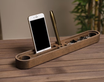 Organiseur de bureau en bois pour accessoires, bureau et rangement de bureau, porte-stylo, support pour téléphone, porte-cartes de visite