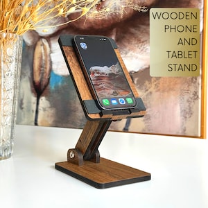Height and Angle Adjustable Wooden Phone and Tablet Stand - Walnut or Stone Finish, Facetime iPad Stand Videocall Stand Kitchen Phone Holder