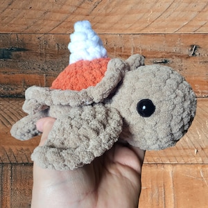 May include: A crocheted turtle toy with a brown shell and a white and orange crocheted hat. The turtle has black eyes and a brown face.