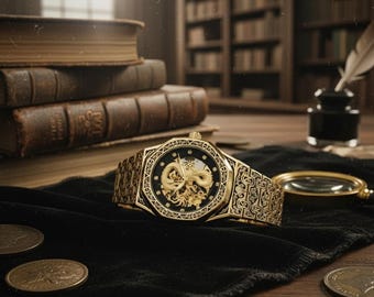 Goud-zwart automatisch drakenhorloge heren – vintagestijl met lichtgevende wijzerplaat en strass details