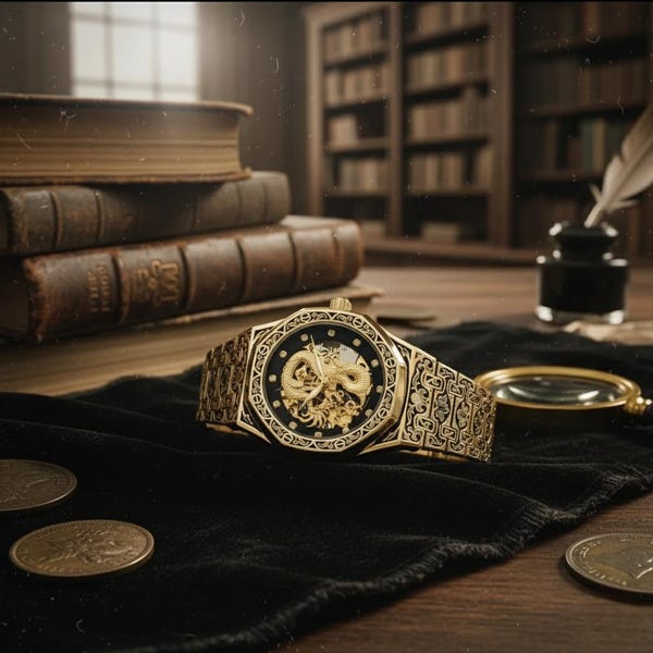 Men’s Gold & Black Automatic Dragon Watch - Vintage Style with Luminous Dial and Rhinestone Detailing