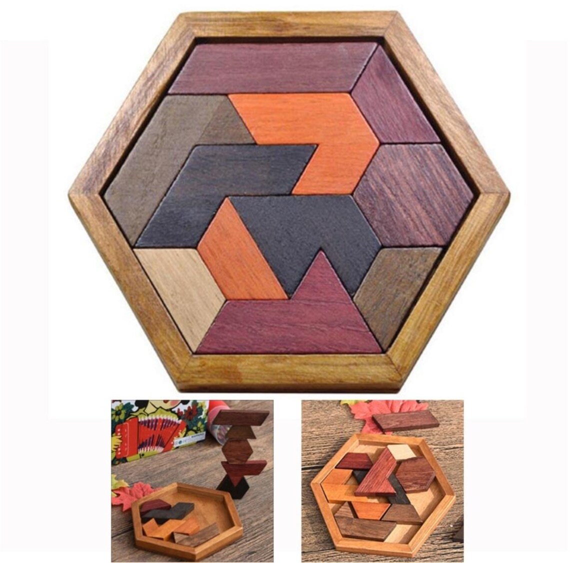 IQ Challenge Hexagon Tangram – Wooden Brain Teaser Puzzle - Etsy