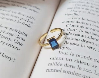 Adjustable ring rectangle thin and golden radiant cut with diamond Cz blue stainless steel, slim and tiny promise ring
