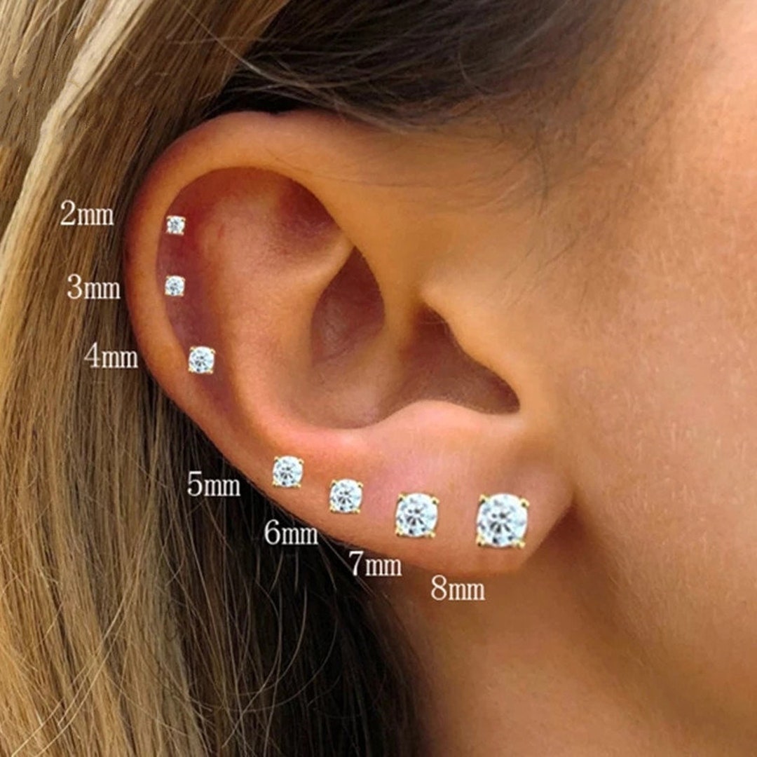 Petites boucles doreilles avec zircons 7 tailles en argent 925, Boucle oreille deuxième trou