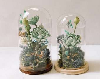 Dried Flower & Paper Succulent Glass Cloche | Preserved Everlasting Gift for Her Home Decoration, Wedding, Anniversary