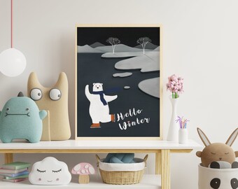 Hello Winter Poster | Printable Art, Winter Wall Decor, Wall Decor Prints, Animal Poster for Kidsroom