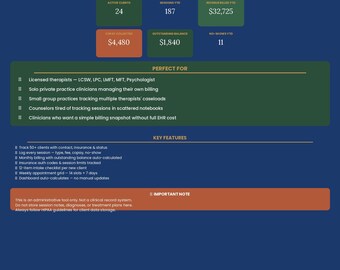 Therapy Practice Manager Excel Spreadsheet | Private Practice Admin Tool | Client Roster, Session Log, Billing, Insurance & Dashboard | Solo