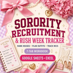 Puede incluir: Un libro de trabajo digital para el seguimiento de reclutamiento de hermandades con el texto SORORITY RECRUITMENT & RUSH WEEK TRACKER, RANK HOUSES, PLAN OUTFITS, TRACK RECS, 7-TAB WORKBOOK y GOOGLE SHEETS + EXCEL, decorado con lazos rosas y perlas.