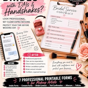Peut inclure: Un graphique marketing numérique pour services de maquillage de mariée présentant un presse-papier avec un contrat de service, un smartphone affichant des messages de réservation, une boîte à bague en velours rose, des pinceaux de maquillage et du texte détaillant des formulaires imprimables professionnels pour maquilleurs, incluant des documents d'admission, de consentement et de contrat.