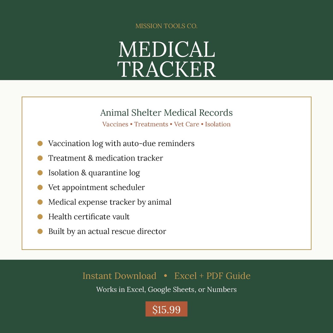 Animal Shelter Medical Tracker Excel | Vaccine Log, Treatment ...
