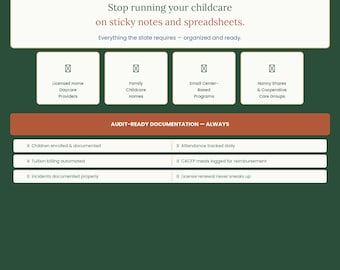 Home Daycare Admin Kit Excel | Childcare Enrollment Tracker, Tuition Log, CACFP Meal Count, Daily Attendance, Incident Reports, Licensing Ch