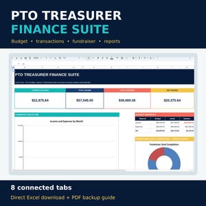 PTO Treasurer Spreadsheet Excel | PTA Budget, Transaction Register, Fundraiser Tracker, Reimbursements, Monthly Reports, Audit Checklist