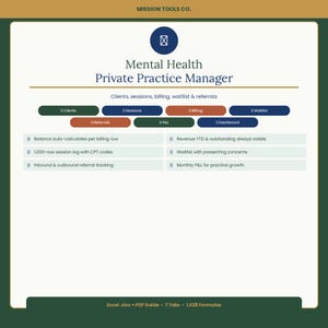 May include: A digital document titled "Mental Health Private Practice Manager" with a dark green border. The document includes sections for clients, sessions, billing, and referrals. Text includes "Balance auto-calculates per billing row" and "Revenue YTD & outstanding always visible."