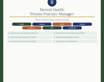 Mental Health Private Practice Manager Excel | Client Roster, Session Log, Billing & Insurance Tracker, Waitlist, Referral Tracker, Monthly