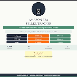 May include: A digital product titled "AMAZON FBA SELLER TRACKER" with a navy blue and white envelope icon. The product includes sections for ASIN P&L, PPC Tracking, and Inventory Reorder. It features a dashboard, ASIN log, and other tools for tracking sales.