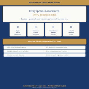 May include: A navy blue graphic with text promoting exotic and small animal rescues. The design includes sections for reptile, bird, small mammal, and exotic pet rescue organizations. It highlights legal adoption and species documentation.