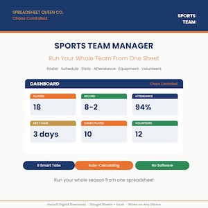 Sports Team Manager Spreadsheet | Excel Google Sheets | Coach Roster Game Stats Attendance Schedule Equipment | Baseball Softball Football