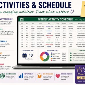 May include: A digital weekly activity schedule template displayed on a laptop screen, featuring columns for date, time, activity, leader, location, and materials. The dashboard includes a pie chart for activity types, a total activity count, and a list of key benefits. A yellow sticky note with text and a purple brand logo are visible.