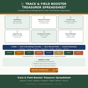 May include: A financial spreadsheet for track and field booster organisations. The green and white design includes sections for payments, income, expenses, and fundraising. Features an instant download and 8 tabs for easy use.