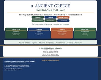Ancient Greece Emergency Sub Pack | No-Prep Substitute Teacher Resource | Overview, Timeline, Primary Sources, 20-Question Quiz | Grades 6–1