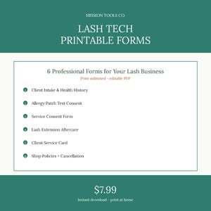 Lash Tech Printable Forms Kit | Client Intake, Patch Test Consent, Aftercare, Service Card, Shop Policies | Editable PDF Forms