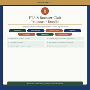May include: A digital document titled "PTA & Booster Club Treasurer Bundle" with a dark blue background. The document includes sections for financial management, such as dashboards, annual budgets, and expense tracking. The document also includes the text "Excel.xlsx + PDF Guide 7 Tabs Instant Download."