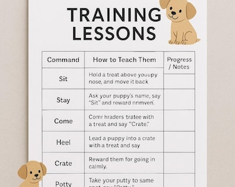 May include: A white sheet of paper with the words "TRAINING LESSONS" in large black letters. The paper has a table with commands like "Sit" and "Stay" and instructions on how to teach them. Two cartoon puppies are on the paper.