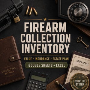 Puede incluir: Un sistema de inventario digital para colecciones de armas de fuego con el texto FIREARM COLLECTION INVENTORY, VALUE, INSURANCE, ESTATE PLAN, GOOGLE SHEETS + EXCEL, COLLECTION RECORD, APPRAISAL y COMPLETE SYSTEM, con balas y una caja fuerte.