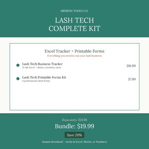 May include: A digital product listing titled Lash Tech Complete Kit by Mission Tools Co. The kit includes an Excel Tracker for clients, retention, and taxes, plus a printable forms kit with six professional client forms for lash technicians.