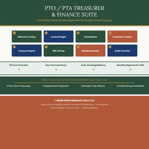 Peut inclure: Visuel promotionnel pour une suite financière pour les groupes de parents d'élèves. L'image présente un schéma de couleurs vert foncé et marron avec des zones de texte pour divers outils de gestion financière, tels que le budget, les transactions et les rapports.