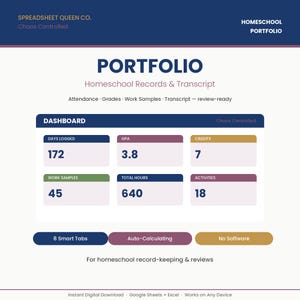 Homeschool Portfolio & Records | Excel Google Sheets | Attendance Grade Transcript GPA Work Sample Tracker | Homeschool Records Keeper