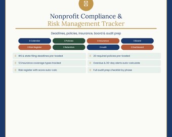 Nonprofit Compliance Tracker Excel | IRS 990 Deadlines, Policy Tracker, Insurance Log, Board Governance, Risk Register, Audit Checklist | In
