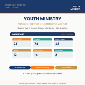 May include: A digital spreadsheet dashboard for youth ministry planning. The interface displays metrics for students, events, budget, groups, and attendance. It features sections for days to event, student counts, attendance, leaders, and missing slips.