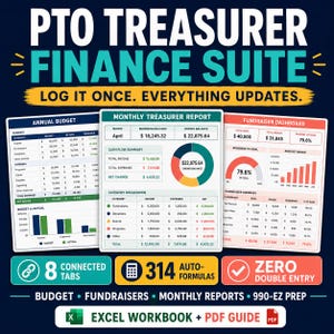 May include: A digital finance suite for PTO treasurers featuring three spreadsheet views: Annual Budget, Monthly Treasurer Report, and Fundraiser Dashboard. The interface includes charts, tables, and data summaries with 8 connected tabs and 314 auto-formulas.
