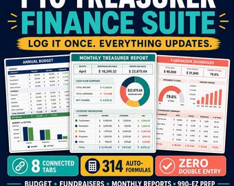 PTO Treasurer Spreadsheet | PTA Finance Tracker Excel | Budget, Fundraiser, 990-EZ Prep, Reimbursements | School Parent Group